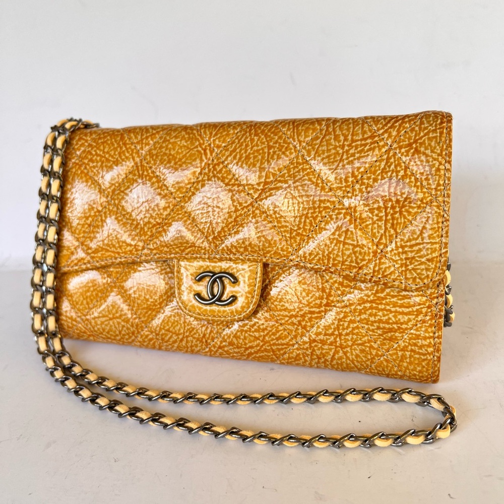 CHANEL Yellow  patent leather long wallet with Chain